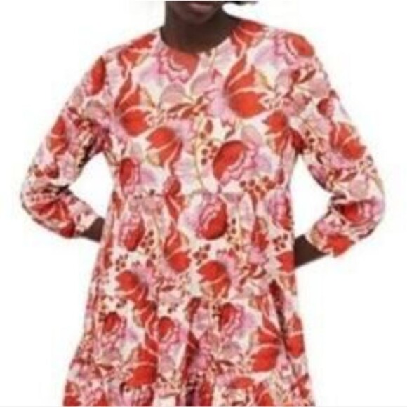 Zara Long Sleeved Floral Tiered Swing Mini Dress, Red Pink Mustard, XS - Picture 2 of 10